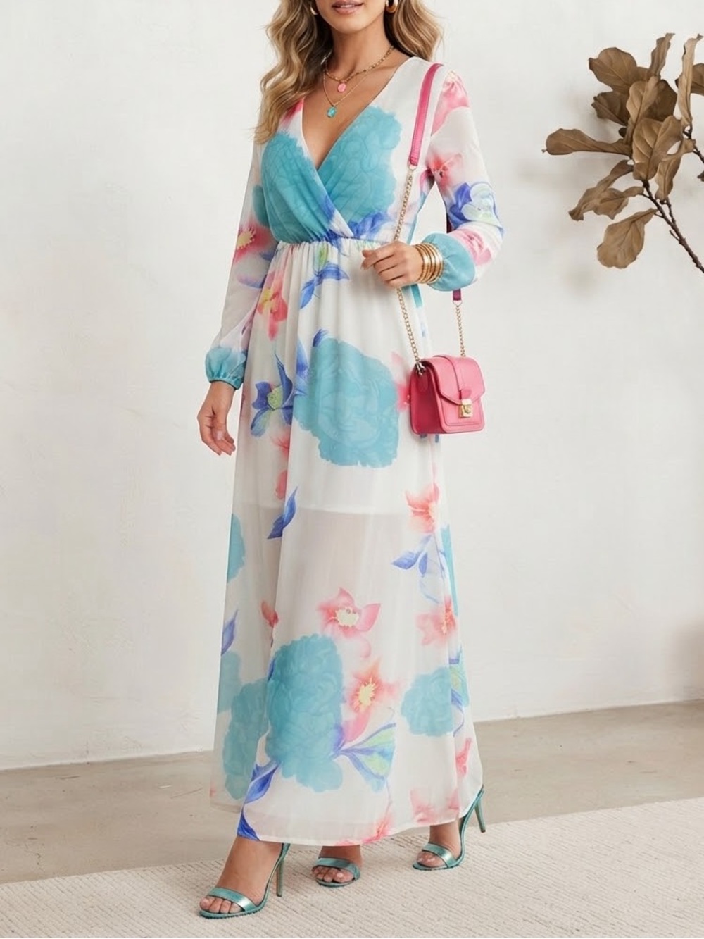 Boutique Watercolor Floral Maxi Dress V-Neck Long Sleeve White Blue Pink🩷